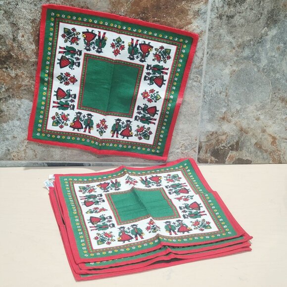 Set of 5 Vintage Cotton Fabric Napkins Traditional Austrian Folk Art Design - Picture 2 of 11